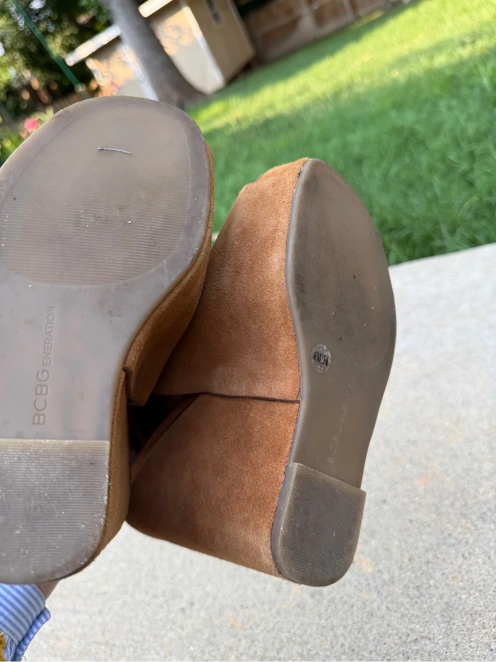 BCBGeneration Fader Tan Suede Peep Toe Platform Slingback Wedge Sandals Size 6M